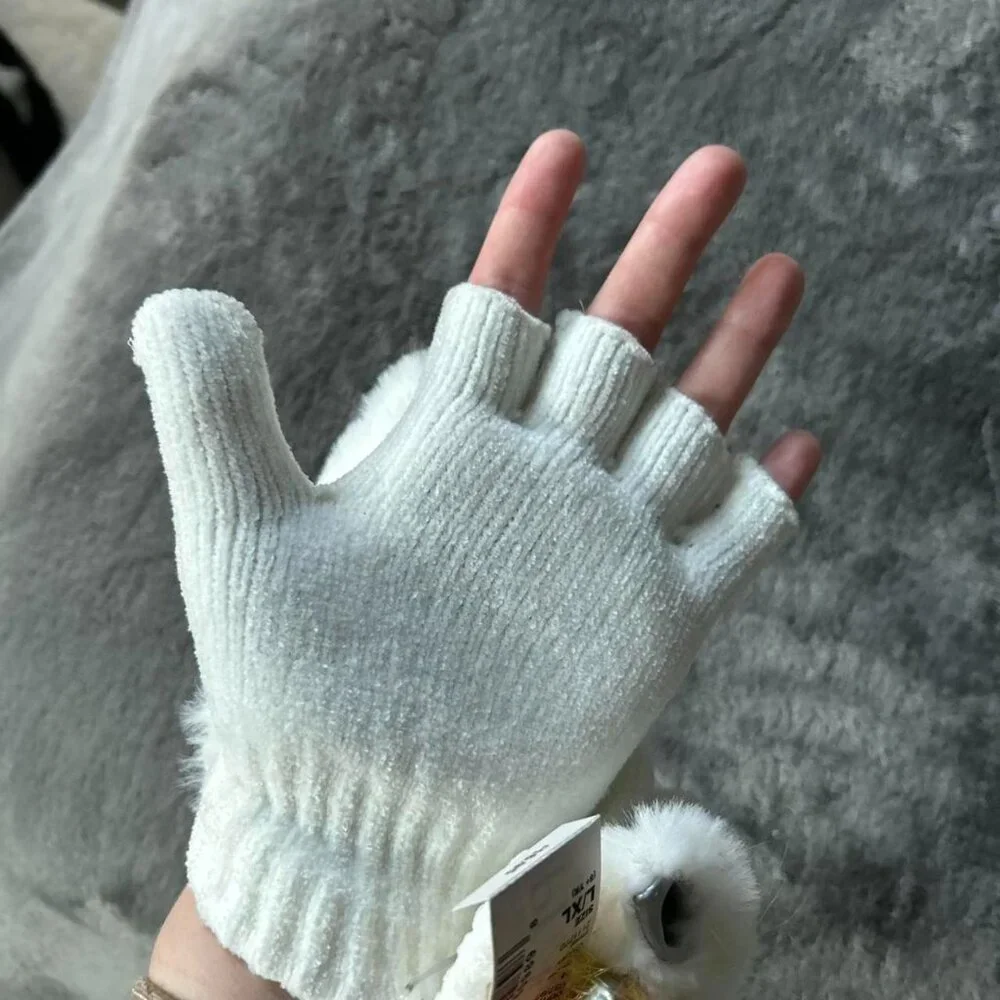 White Fluffy Fingerless Gloves with Unicorn Accents